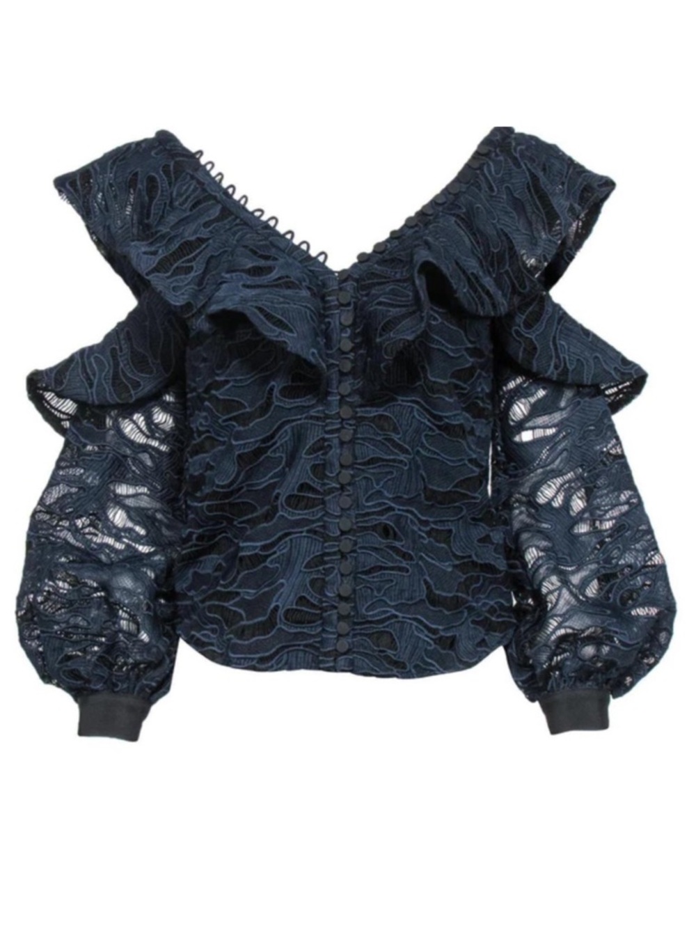 Self-Portrait navy blue black lace cold shoulder frill ruffle button front top 6
